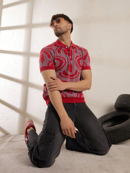 red abstract knitted polo tshirt