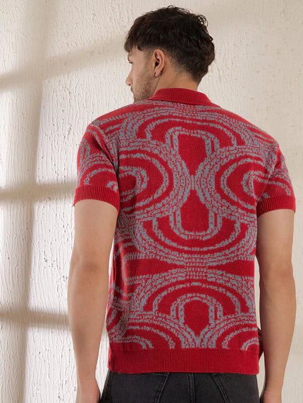 red abstract knitted polo tshirt