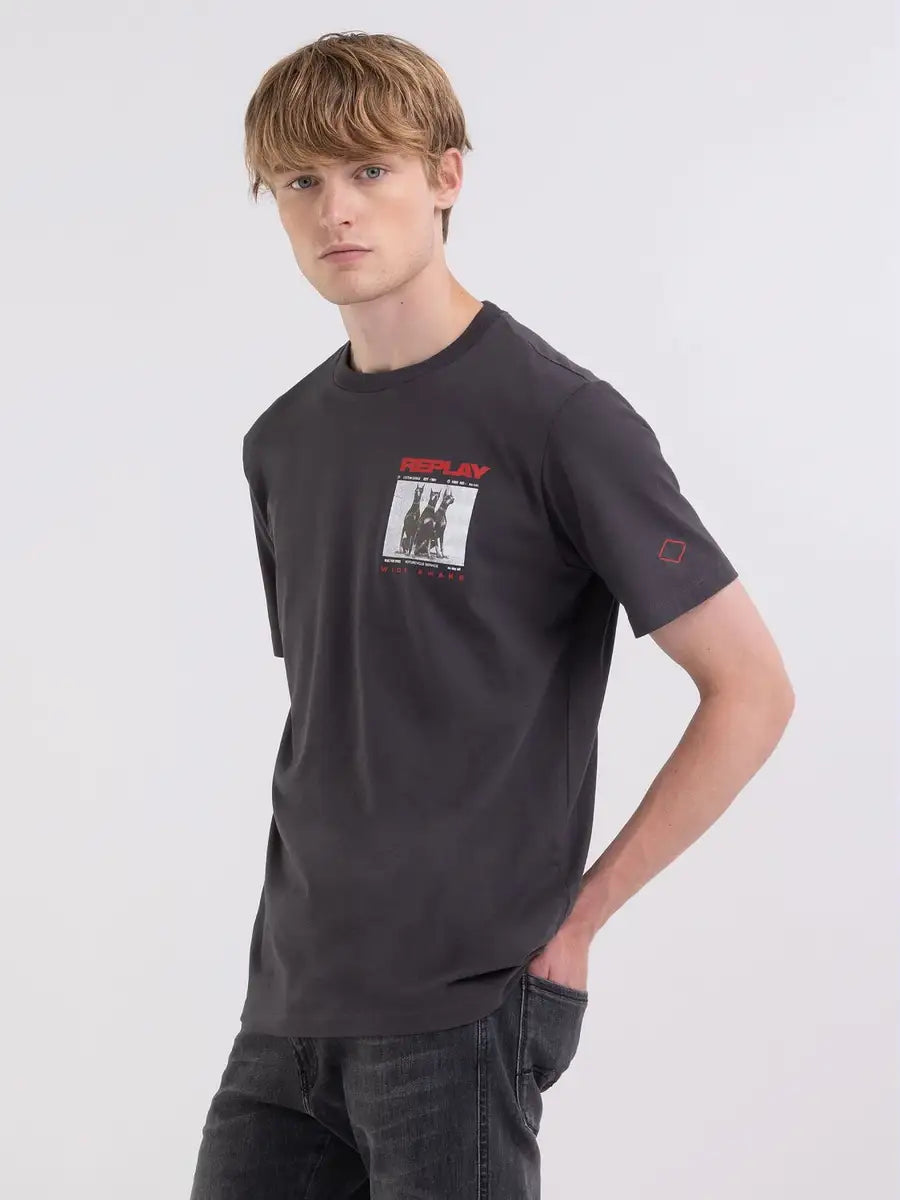 Replay PE24 T-Shirt in Jersey con Stampa Motorcycle Black Man