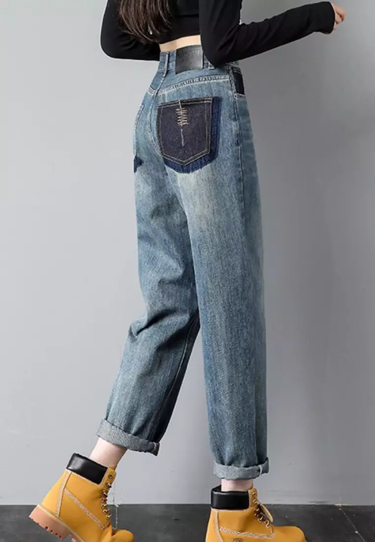 Sunnydaysweety New High Waist Loose Cotton Denim Women's Long Pants A22100626