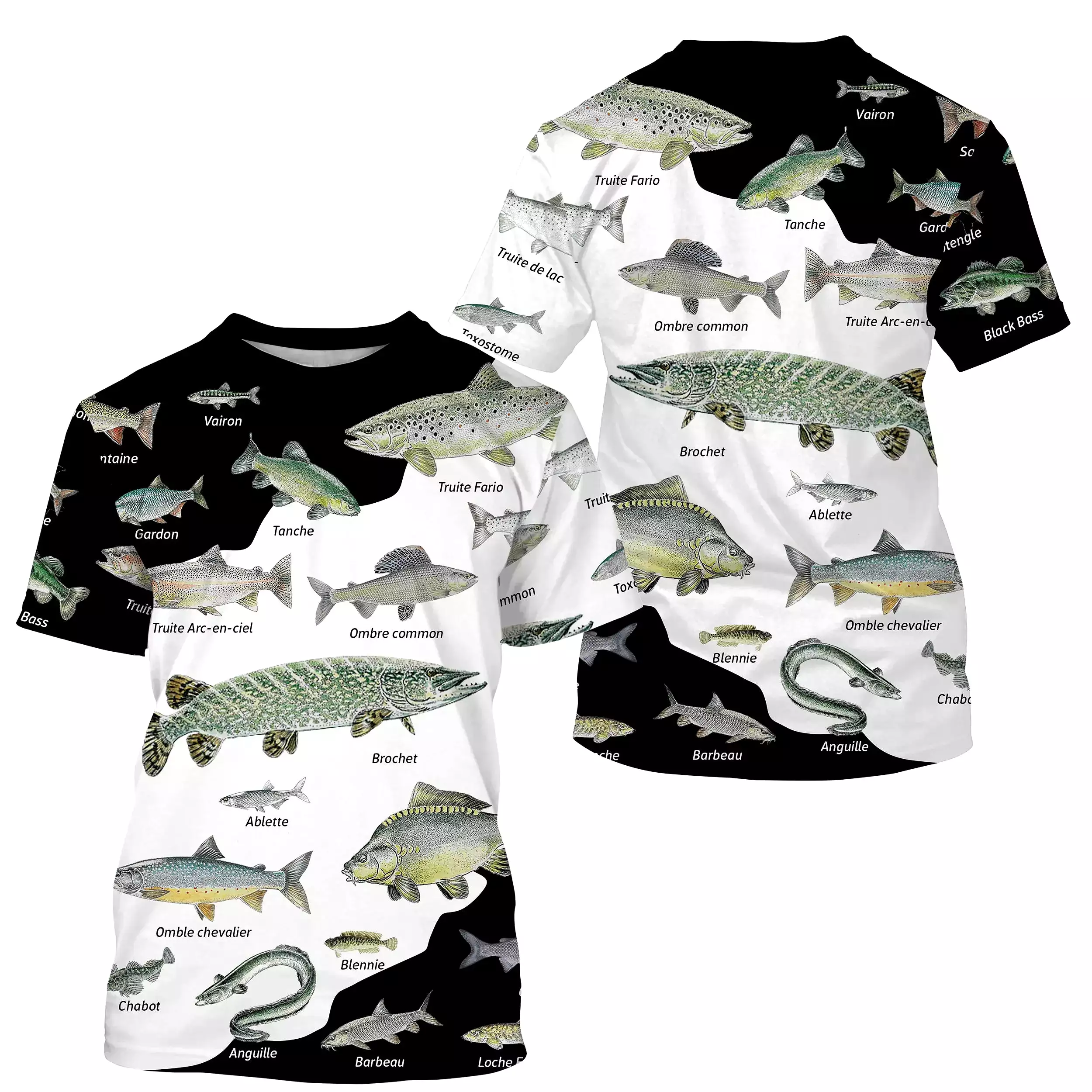 Tee shirt All-Over Pêcheur, Idée Cadeau pour Fan de Pêche, Vêtements Anti-UV, Motifs des Poissons, Blanc et Noir - CTS22052208