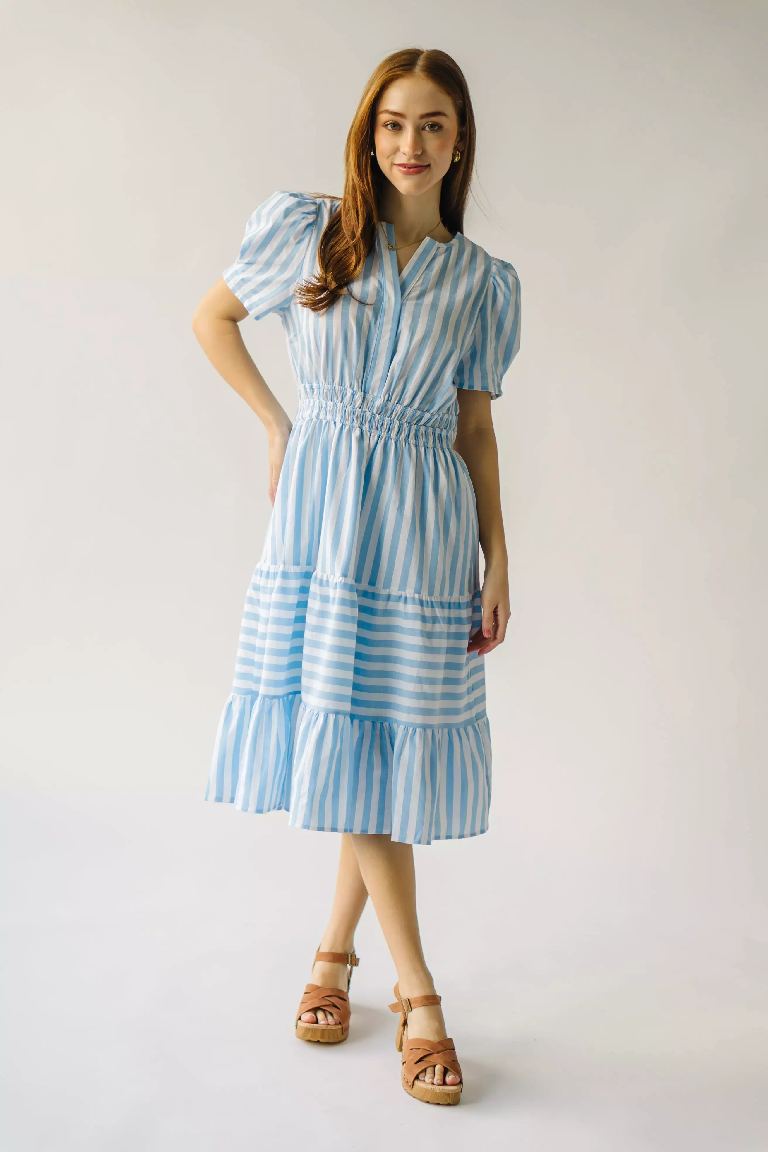 The Breinholt Tiered Dress in Blue Stripe