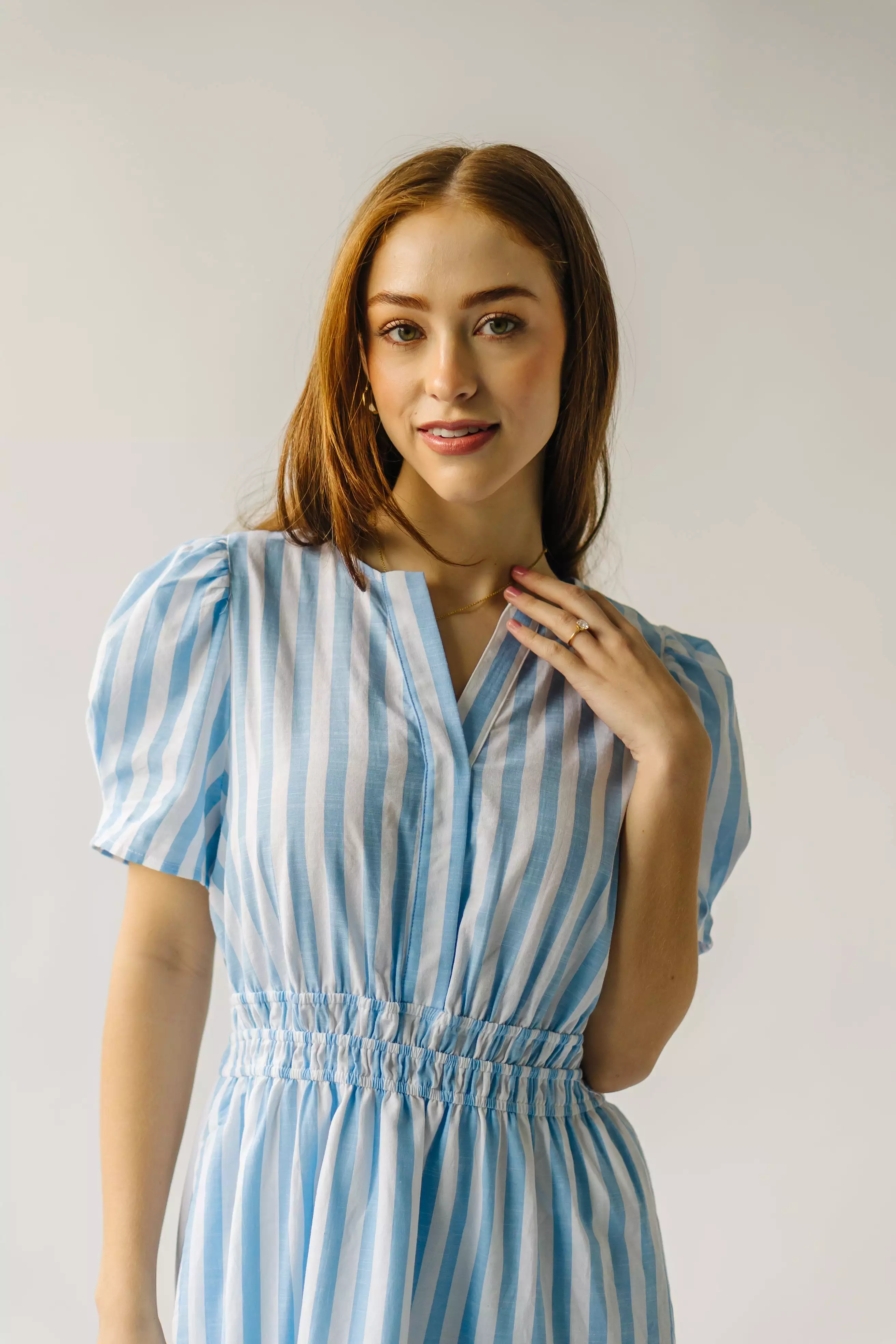 The Breinholt Tiered Dress in Blue Stripe