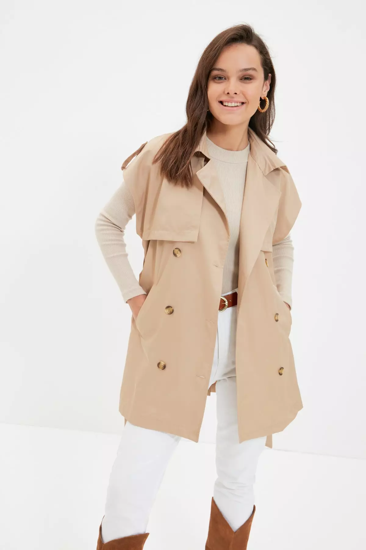 Trendyol Belted Waist Double Pocket Trench Coat