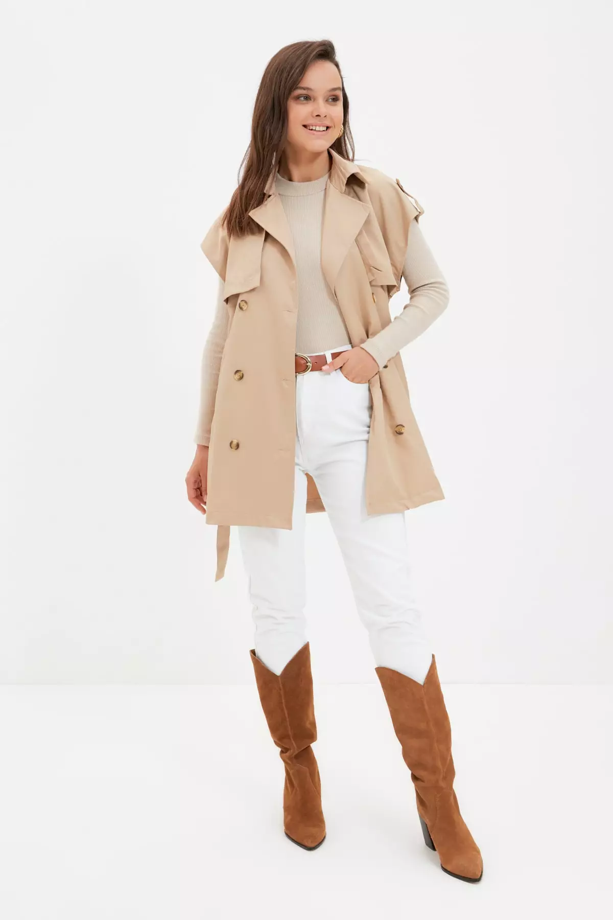 Trendyol Belted Waist Double Pocket Trench Coat