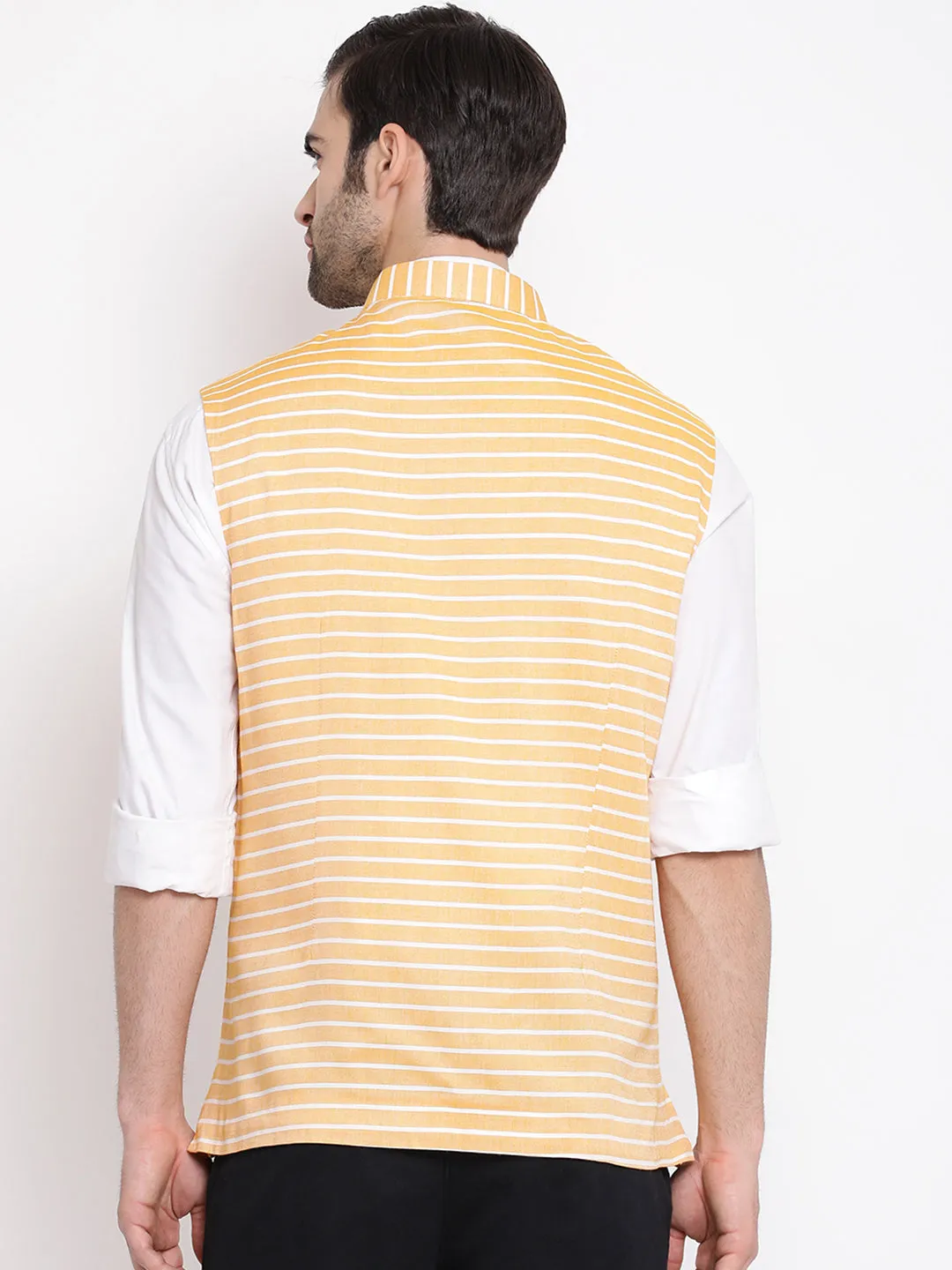 VASTRAMAY Men's Orange Stripes And Angrakha Pattern Classic Nehru Jacket