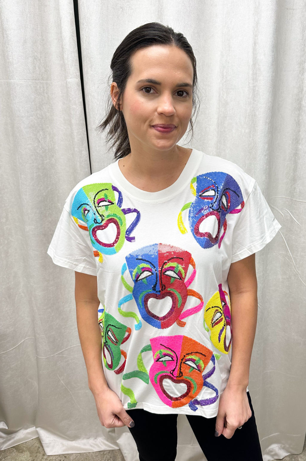 White Multi Mardi Gras Mask Tee by Queen of Sparkles