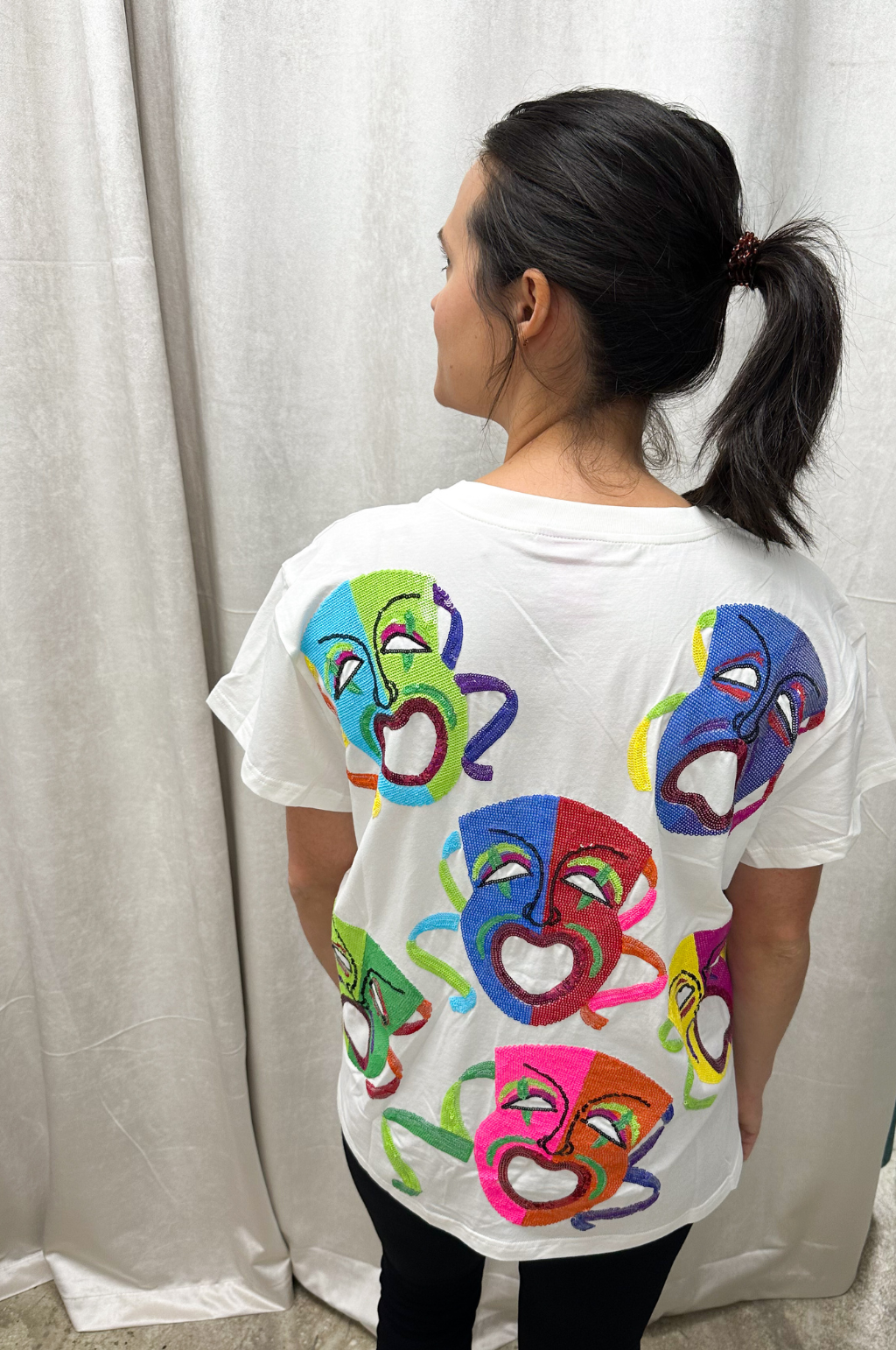 White Multi Mardi Gras Mask Tee by Queen of Sparkles