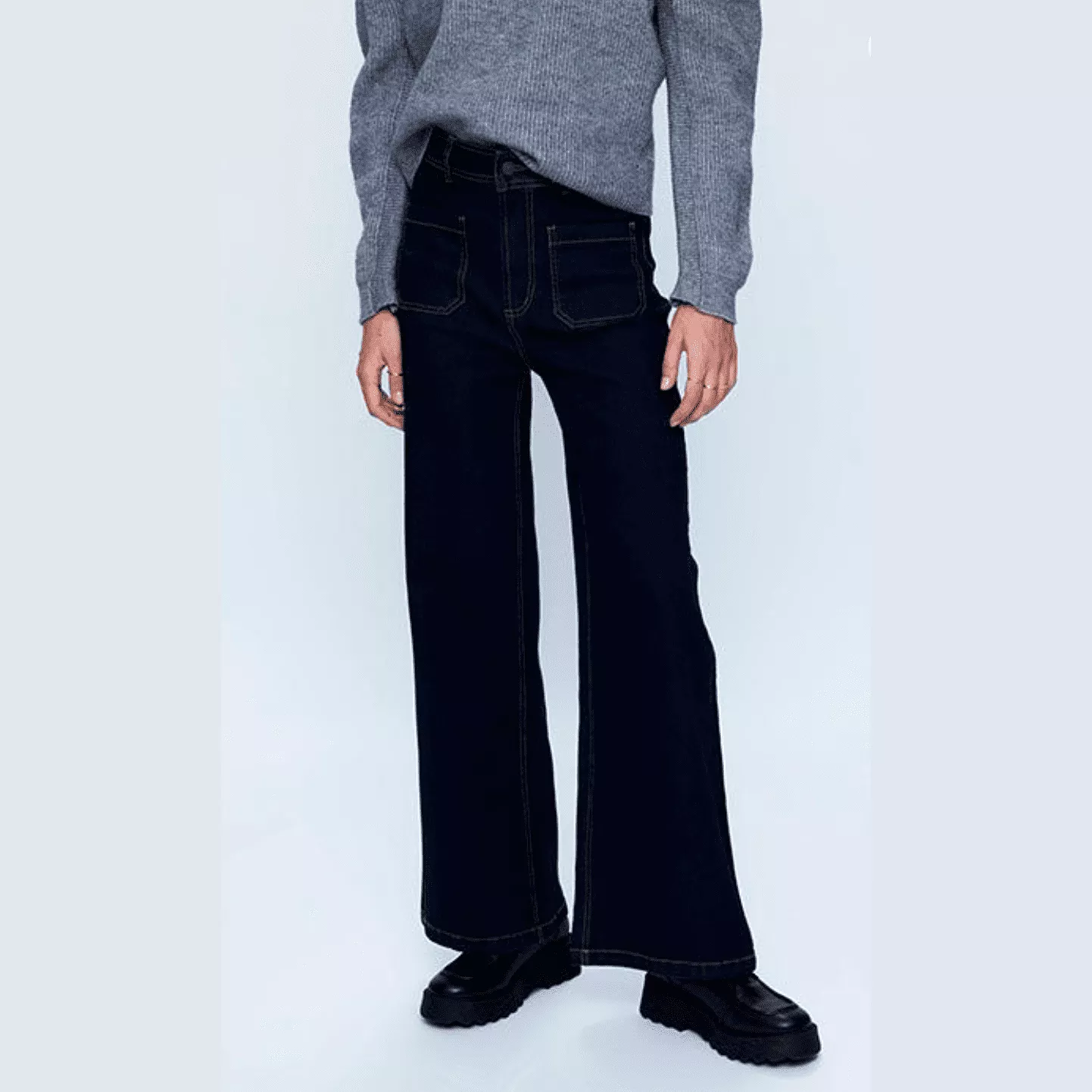 Wild Pony High Waist Wide Straight Leg Denim Pants in Dark Blue