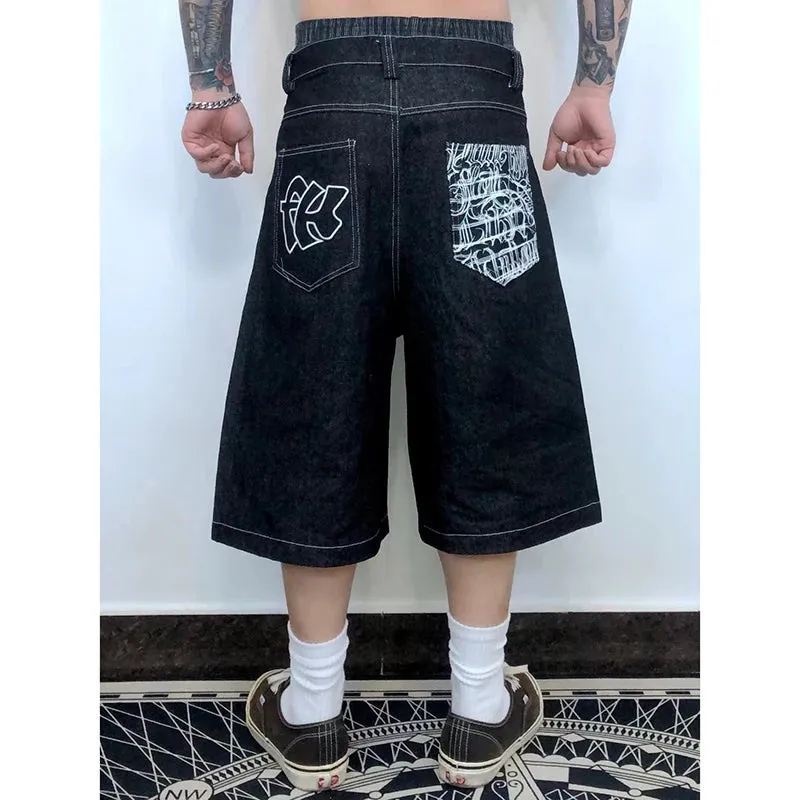 Xituodai Hip Hop Pockets Embroidery Letter Print Jeans Shorts for Men Summer Retro Oversized Wide Leg Denim Knee Lenght Pants