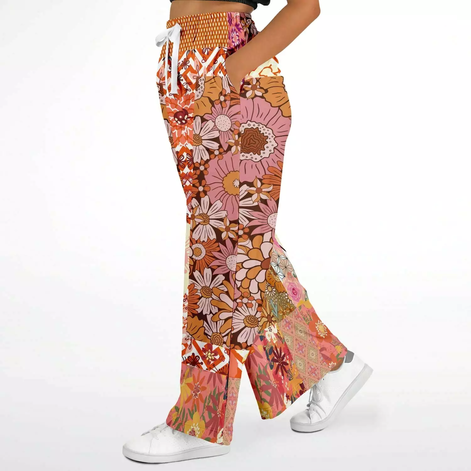 Yogananda Pink Floral Patchwork Eco-Poly Stretchy Phat Bellbottoms