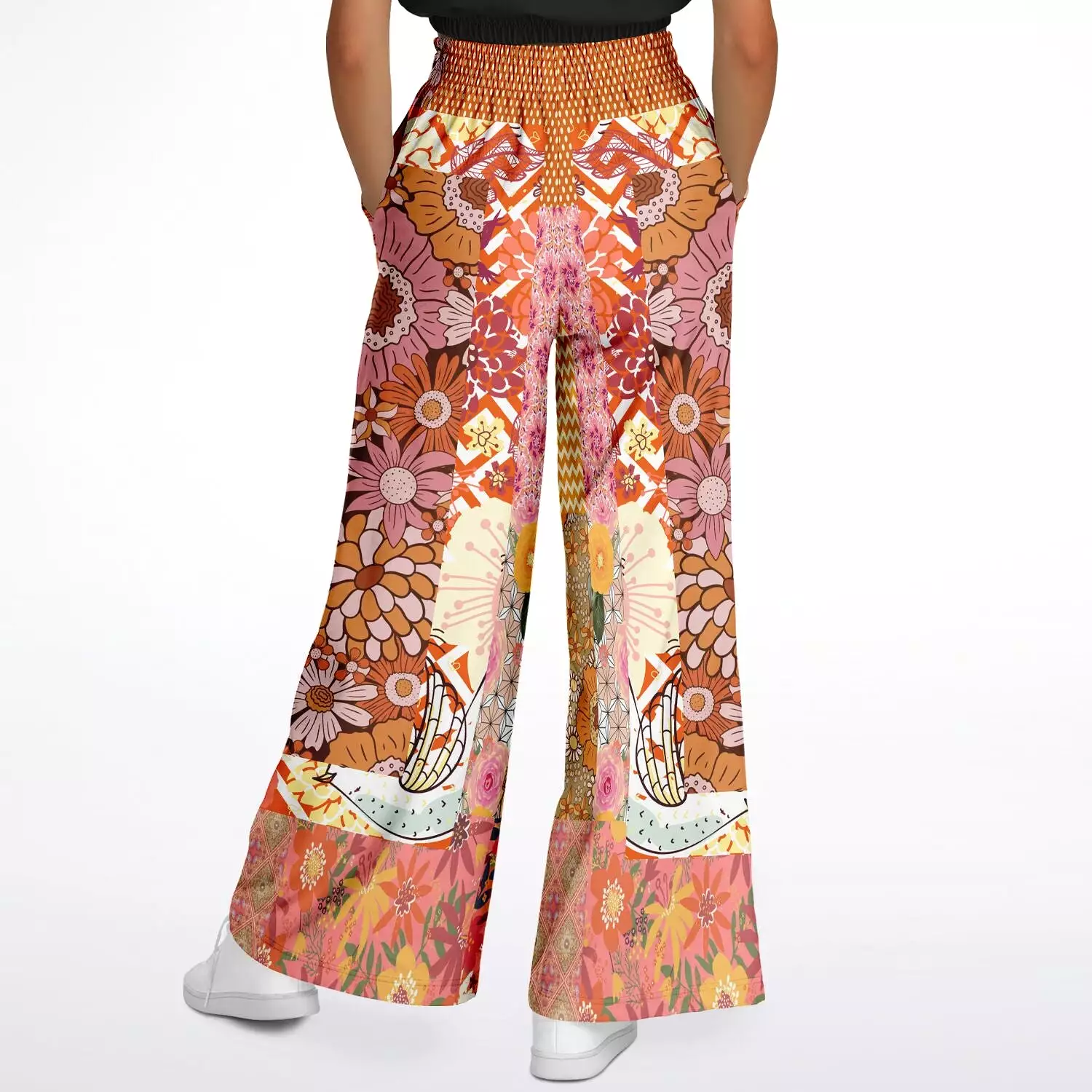 Yogananda Pink Floral Patchwork Eco-Poly Stretchy Phat Bellbottoms